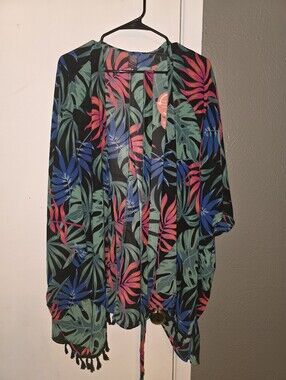 AS Rose Rich Tropical Leaf Print Swim Cover Black Green Blue Coral Size 3X